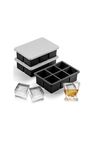 Honmex 3'lü Büyük Silikon Kare Buz Kalıbı Seti - Kokteyller İçin Dayanıklı Pratik Buzluk Siyah