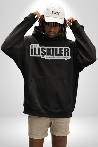 Ciddi İlişkiler Şarjımdan Önce Bitiyor Yazılı Kadın Erkek Siyah Kapüşonlu Sweatshirt Hoodie Siyah