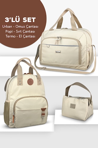 Stylo 3'lü Set Anne Bebek Bakım Sırt Çantası - Urban Anne Bebek Omuz Çantası ve Termos Çanta Bej