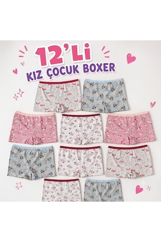 Orivra Kız Çocuk 12'li Şort Boxer Seti Pamuklu Esnek Desenli İç Çamaşırı Paketi Renkli