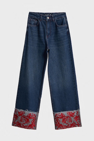 it's basic Kadın Koyu Kot Rengi 2w5-10 Straight Fit %100 Koton Paça Kırmızı Nakış Desenli Özel Tasarım Denim Jean Koyu Kotrengi