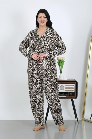 Akbeniz Kadın Büyük Beden Pamuklu Cepli Düğmeli Kahve Pijama Takım 202504 Kahve