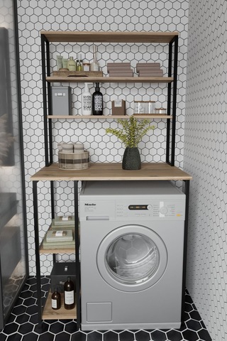 Çamaşır Makinası Dolabı Çamaşır Makinası Üstü Çok Raflı Düzenleyici Metal Banyo Dolabı Meşe Diğer
