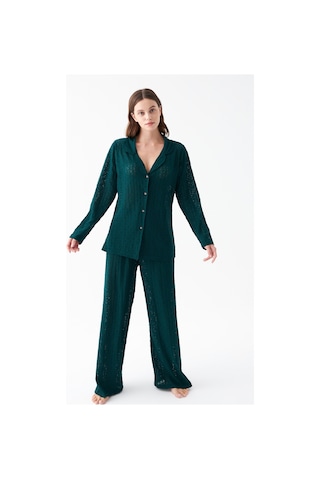 Akbeniz Kadın Zümrüt Yeşili Önden Düğmeli Rahat Kesim Pijama Takımı