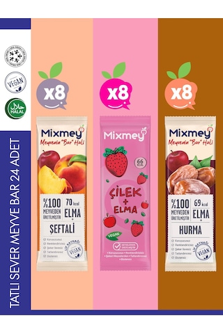 Mixmey Tatlı Sever Meyve Barı – 24 Adet | Sağlıklı Atıştırmalıklar – Vegan, Glutensiz (20GR X 24 ADET)