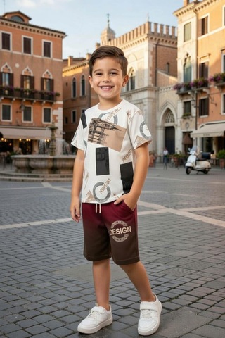 Riccotarz Erkek Çocuk Görsel Ve Desing Yazı Detaylı Siyah Şortlu Takım