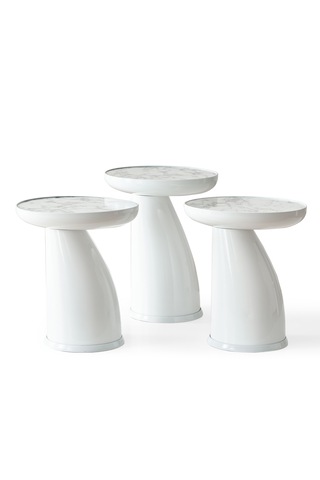 Elips 3'lü Sehpa, Yan Sehpa, Zigon Sehpa - Beyaz & Beyaz Mermer Desenli Tabla Beyaz Gövde & Beyaz Mermer Desenli Tabla