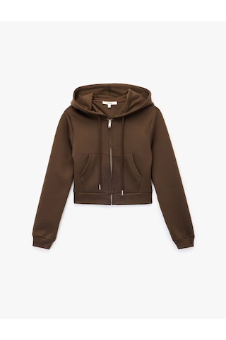 Koton Pamuklu Cepli Uzun Kollu Fermuarlı Kapüşonlu Crop Sweatshirt Kahverengi 6wak10025ek Kahve
