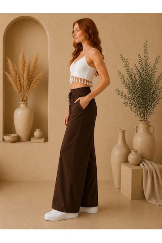 Mitodo.com Casual Örme Kumaş 2 Cepli Belden Ayarlamalı Pantolon Koyu Kahve