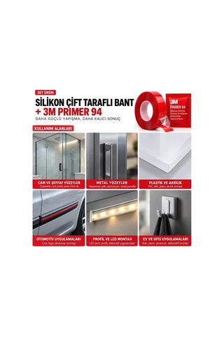 Silikon Çift Taraflı Bant 19mm X 5m + 3m Primer 94 Yapışma Güçlendirici Set Bant Marketim