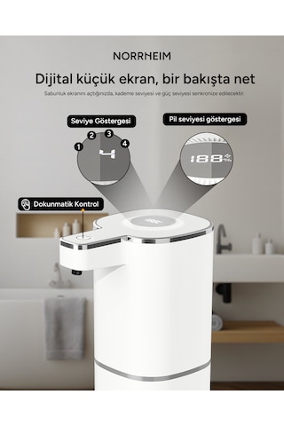 Valen Ir Sensörlü - Lcd Ekranlı - Şarj Edilebilir - 4 Farklı Sabun Seviyeli - Geniş Hazne & Ipx5 Sertifikalı Köpük Sıvı Sabunluk - Beyaz