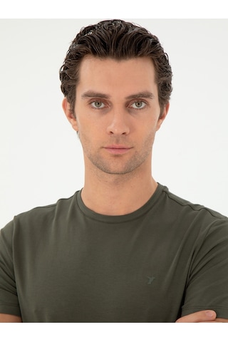 Haki Slim Fit Bisiklet Yaka Merserize Basic T-shirt Yeşil