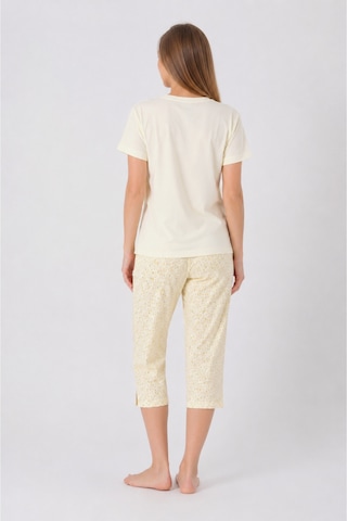 Pijamask Kadın Açık Sarı Limon Baskılı Kapri Pijama Takımı Kısa Kollu Bisiklet Yaka Yazlık Ev Giyim P10-33 Sarı