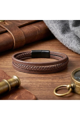 Moncuk Design Sadece Kahverengi Saç Örgülü Çoklu Erkek Bileklik 33513b10d4