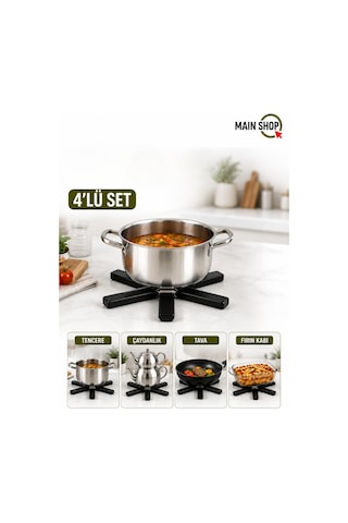 Mainshop 4'lü Set Isıya Dayanıklı Katlanabilir Nihale - Pratik Kompakt Tencere Altlığı M-021 Siyah