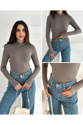 Kadın Yarım Balıkçı Yaka Parmak Geçmeli Full Likralı Buzz Body Vizon