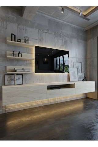 Resital Ledli Duvara Monte Tv Sehpası - Traverten - W6018-8 Traverten