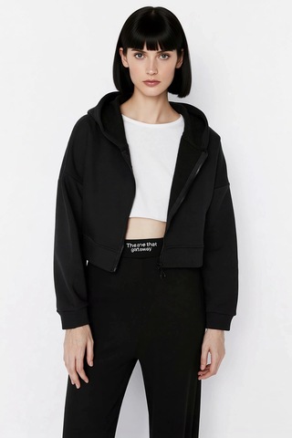 Benerly Kadın Kapüşonlu Fermuarlı Düşük Kol Örme Sweatshirt Fonksiyonel D siyah