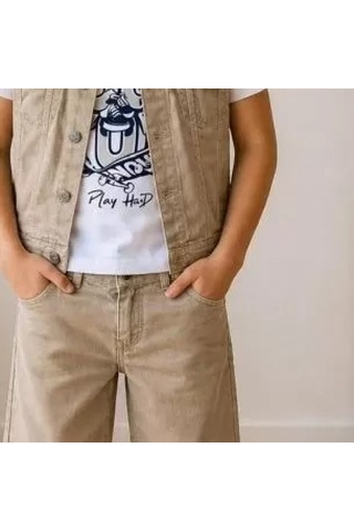 Candar Denim Kumaş Ve Tişörtlü Çocuk Takımı 5-12 Yaş Bej