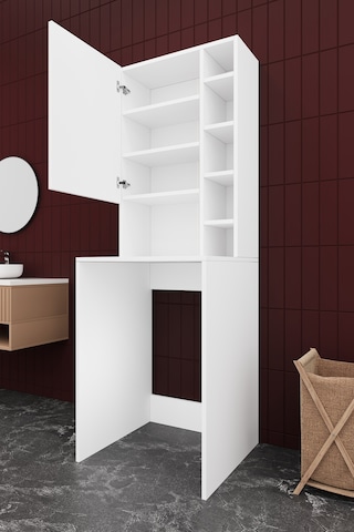 Asra Trend Çamaşır Makinesi Üstü Banyo Dolabı BD-02 %100 MDF Kapaklı Organizer Raf Beyaz