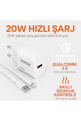 20w Hızlı Şarj Adaptörü + Lightning Kablo Seti Apple Uyumlu iPhone 14 Promax / 14 / 13 / 12 / 11 / X / 8 / 7 / 6 Serisi 20W Adaptör+1M Kablo