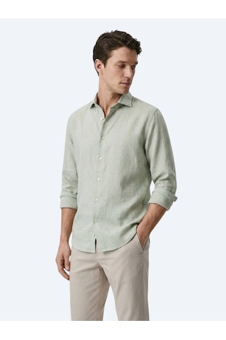 Kip Yeşil Regular Fit Uzun Dokuma Casual Pamuk Karışımlı Gömlek
