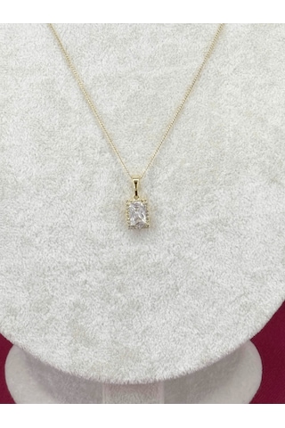 14 K Renginde Swarovski Taşlı Dikdörtgen Şekilli Minimal Gold Kolye Gold