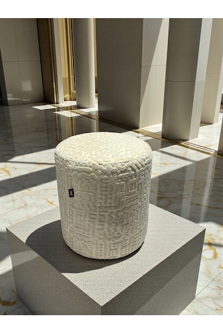 Prime Dokulu Geometrik Desenli Silindir Puff Lüks Dekoratif Oturma Pufu Krem