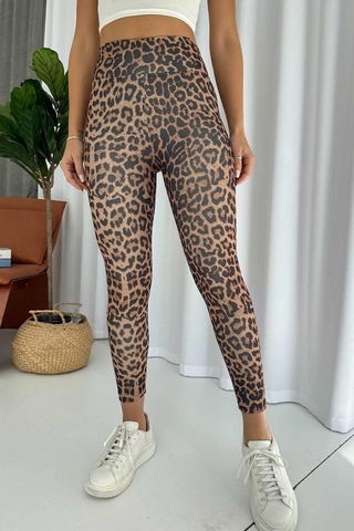 Leopar Desen İçi Şardonlu Kadın Toparlayıcı Tayt - Kahverengi Kahverengi
