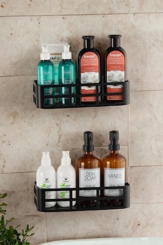 2'li Set Banyo Duş Rafı Şampuanlık, Sabunluk Siyah Yapışkanlı Siyah