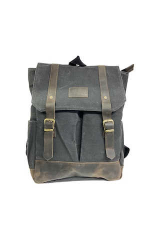 Old Cotton Cargo Kanvas Deri Su Geçirmez Unisex Laptop Bölmeli Gezi Okul Seyahat Kamp Sırt Çantası Siyah