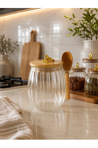 Qerhome Kaşıklı Çizgili Cam Baharat Kavanozu 800 Ml - Gold Halka Kulplu Bambu Kapaklı Saklama Kabı Dh 57-59 Şeffaf
