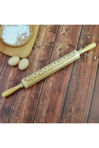 Yifomall Geniş Boy 43cm Kauçuk Ağacı Un Çubuğu, Noel Geyiği Desenli Gravürlü, Hamur Yoğurma, Manti Ve Pasta İçin Hamur Sıvama Aleti