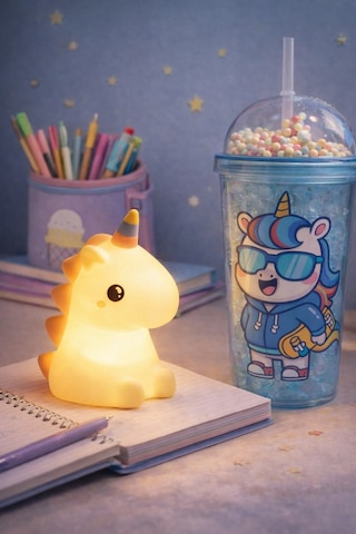 2 Li Set Işıklı Renkli Unicorn Figürlü Gece Lambası & Pipetli Boncuk Detaylı Suluk Bardak Mavi 450ml Set