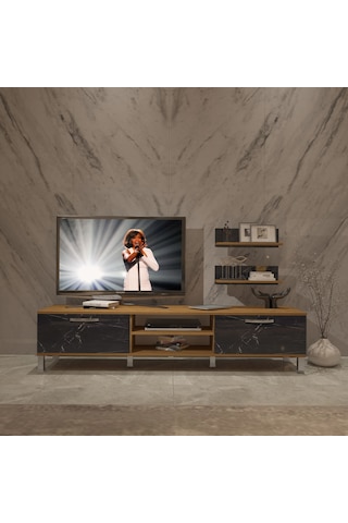 Decoraktiv Eko 4 Mdf Dvd Krom Ayaklı Tv Ünitesi Tv Sehpası Pera - Siyah Mermer
