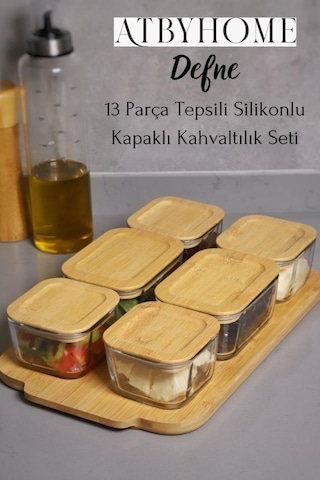 Defne 13 Parça Bambu Silikonlu Kapaklı Cam Kahvaltılık Seti Lüx Kahvaltı Takımı Bambu