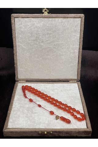 Ali Fidan İmzalı El Boy Badem Kesim Turuncu Amber Ateş Kehribar Tesbih 7x10 Mm