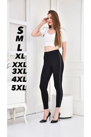 Kadın Siyah Toparlayıcı Tek Deri Şerit Günlük Yüksek Bel Tayt Siyah