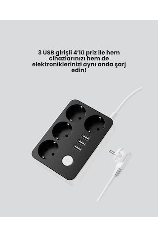 Buğz 4.1a Hızlı Şarjlı Akım Korumalı 4 Priz Ve 3 Usb Çıkışlı Priz