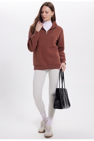 Tudors Kadın Relax Fit Rahat Kesim Pamuklu İçi Polarlı Yarım Fermuarlı Kahverengi Dik Yaka Sweatshirt-42194 Kahverengi1