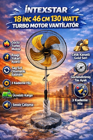 İntexstar 18 İnç 46 Cm Süper Sessiz Bakır Sargılı Turbo Motor 5 Çelik Kanatlı 130watt Vantilatör Pervane Soğutucu