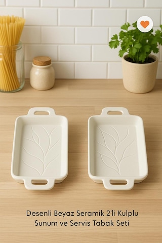 Loga 2 Li Sunum Servis Tabağı 20 Cm Desenli Kulplu Tabak Kayık Beyaz