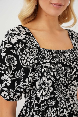 Kare Yaka Prenses Kol Önü Gipeli Yanları Yırtmaçlı Çiçek Desenli %100 Pamuk Midi Boy Viskon Elbise Siyah