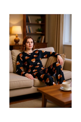 Ersefa Kadın Ayıcık Desenli Pijama Takımı Bisiklet Yaka Fonksiyonel Daya Siyah