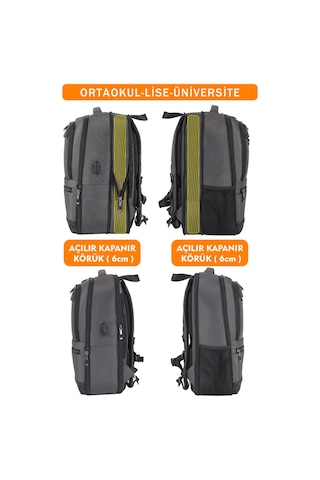Körüklü Gri Okul Sırt Çantası Lise Üniversite Unisex Su Geçirmez Kumaş 14"-15,6" İnç Gri