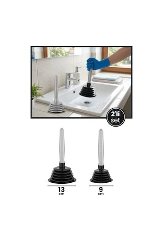 2'li Körüklü Vantuz Pompa Seti, Büyük + Küçük Mutfak Banyo Lavabo Küvet Gider Açıcı El Pompası Siyah