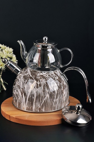 Nishev Mermer Düdüklü Çelik Cam Çaydanlık Takımı Açık Gri Gri