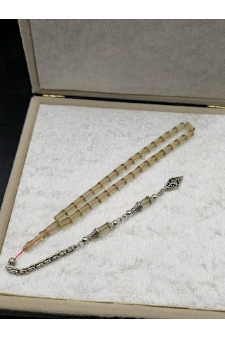 Özel Tasarım Alpaka Püsküllü Ateş Kehribar Bilek Boy Tespih 4,5x7 Mm Açık Sarı Gümüş