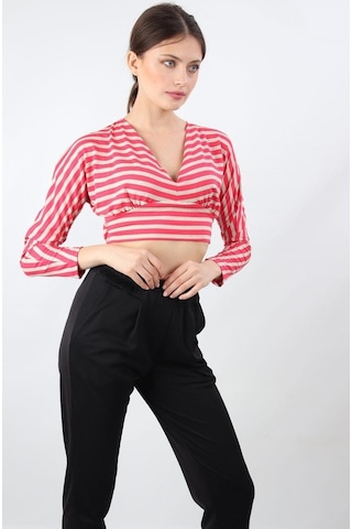 Alexandergardı Çizgili Crop Bluz, Bej-Pembe (B19-153401)