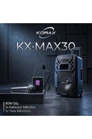 Korax Kx-max30 Plus Taşınabilir Bluetooth Hoparlör - 80w Telsiz El + Kablosuz Yaka Mikrofonlu Karaoke & Pa Sistemi, Tekerlekli